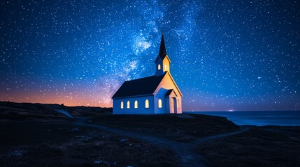 Wall Mural - Coastal church under Milky Way, night sky. Peaceful landscape, travel photography