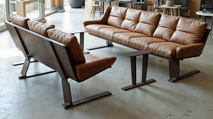 Wall Mural - a tan leather couch with a brown frame sits in a room