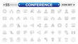 © artshuvo - Conference set of web icons in line style. Live webinar icons for web and mobile app. Containing conference, business meeting, classroom, team, interview, meeting, work. Editable stroke outline icon.