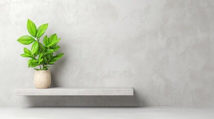 Wall Mural - Green Plant on White Shelf Against Gray Concrete Wall