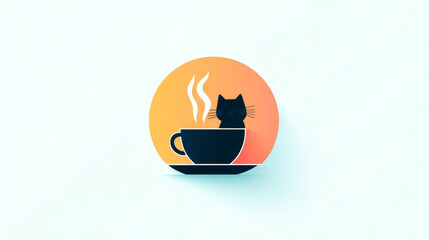 A minimalist illustration featuring a cat silhouette inside a steaming coffee cup, set against a gradient background of warm colors.