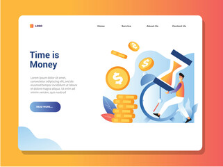 Wall Mural - illustration concept of time is money landing page a man bring a hourglass