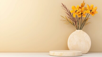 Wall Mural - Minimalist Still Life With Yellow Flowers In White Vase And Beige Background