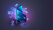 © AndSus - Virtual banking card. Isometric mobile phone, internet banking app, card. Online payment security transaction via credit card. Shopping wireless pay smartphone. Internet digital bank technology.