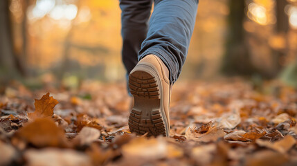 Wall Mural - Walking boots on autumn leaves close-up. Represents seasonal outdoor activities, nature exploration, and fall adventure concepts.