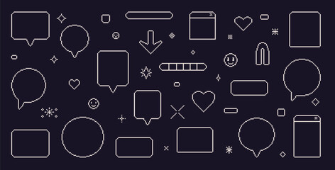 Wall Mural - pixel art speech bubbles. 8 bit text boxes with hearts, arrow and sparkles. rectangle and circle lin