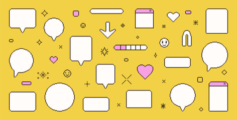 Wall Mural - pixel art speech bubbles. 8 bit text boxes with hearts, arrow and sparkles. rectangle and round chat