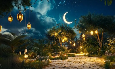Wall Mural - Enchanted nighttime garden with glowing lanterns, lush greenery, and a crescent moon overhead