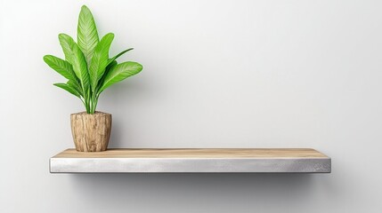 Wall Mural - Small Potted Plant on a Modern Wooden Shelf Against a White Wall