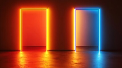 Wall Mural - Two Neon Lit Doorways In A Dark Room