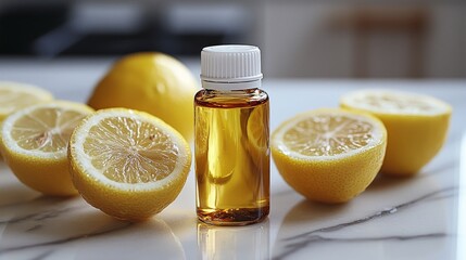 Wall Mural - Lemon essential oil bottle with fresh lemons on marble surface