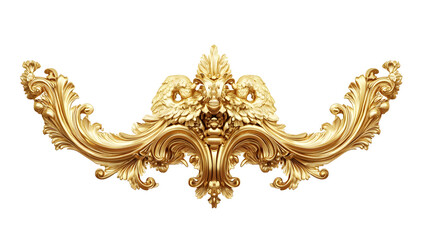 3D render of vintage gold baroque frame scroll, gold ornament on transparent background