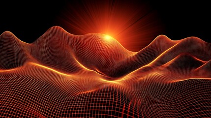 Abstract Orange Grid Landscape With Sunburst
