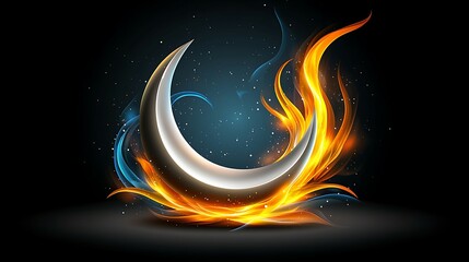 Wall Mural - A glowing crescent moon surrounded by flames and swirls of blue and orange, creating a captivating contrast against a dark background.