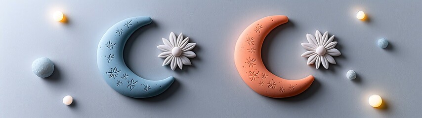 Wall Mural - A serene composition featuring blue and orange crescent moon shapes adorned with flowers and surrounded by decorative stones.