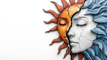 Wall Mural - a striking artwork depicting a sun and moon face, symbolizing duality and balance, with intricate de