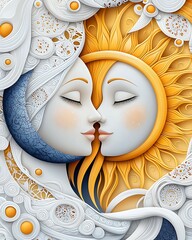 Wall Mural - a serene artwork depicting the harmonious connection between a moon and sun, symbolizing balance and