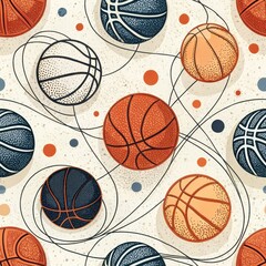 Wall Mural - Abstract Seamless Pattern with Colorful Retro Basketball Balls Dots and Lines