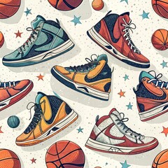 Wall Mural - Stylish Basketball Sneakers Seamless Pattern Retro High Top Shoes and Basketballs