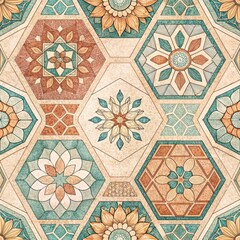 Wall Mural - Seamless Hexagonal Floral Pattern Tile Texture Beige Teal Orange Mandala Design