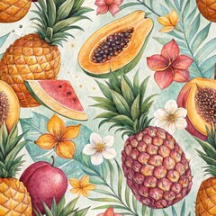 Wall Mural - Vibrant Watercolor Tropical Fruit Floral Seamless Pattern Design Pineapples Papayas Watermelon Plums