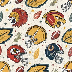 Wall Mural - Seamless Autumn Football Pattern Helmets Mascots Leaves Balls