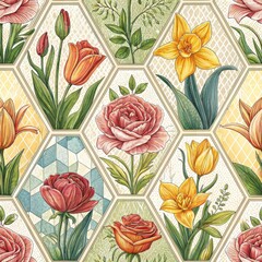 Wall Mural - Elegant Floral Hexagon Pattern Roses Tulips Daffodils Botanical Illustration Seamless Design