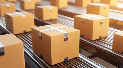 Busy Warehouse Scene with Conveyor Belts Transporting Brown Boxes in a Modern Logistics Facility