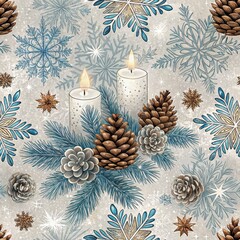 Wall Mural - Festive Winter Candlescape Pine Cones Snowflakes and Lit Candles Holiday Design