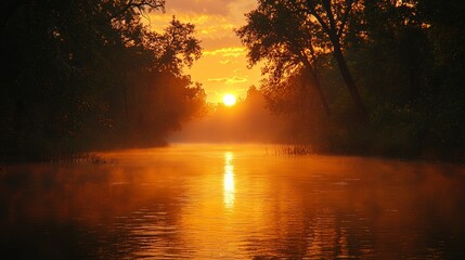 Wall Mural - Sunrise over misty river, trees framing golden light. Peaceful nature scene, ideal for travel or nature documentaries