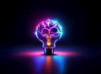 Poster - A glowing lightbulb reveals a vibrant, neon brain within, symbolizing innovative thinking and creative intelligence.  The colors pulse with energy against a dark background.