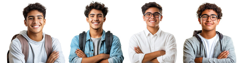 set of smiling young latin students, isolated on transparent cutout background
