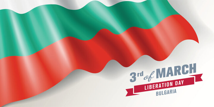 Bulgaria liberation day vector banner, greeting card. Bulgarian wavy flag in 3rd of March national patriotic holiday horizontal design
