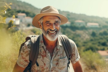 Portrait of a smiling senior hiker with backpack enjoying trekking in nature