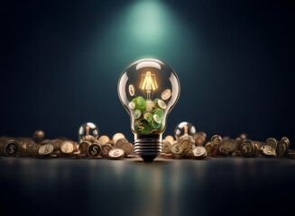 Poster - A glowing lightbulb filled with coins sits among scattered currency, symbolizing financial innovation and bright ideas.  The image evokes wealth, prosperity, and smart investment strategies.