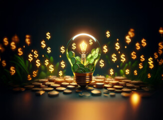 Poster - Glowing lightbulb filled with sprouting coins, surrounded by dollar signs and gold coins.  Symbolizing financial growth and innovative ideas.
