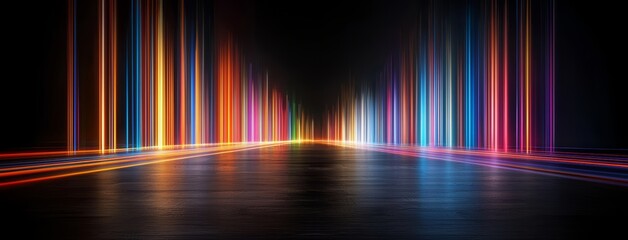 Wall Mural - glowing, blurred light stripes move in a panoramic fashion over an abstract background, with rainbow