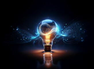 Aufkleber - A glowing lightbulb, filled with swirling blue energy, sits on a dark reflective surface.  The energy flows outwards in waves of light and sparkles.  It symbolizes innovation and new ideas.