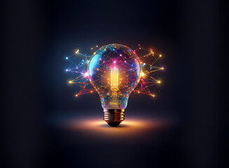 Aufkleber - A glowing lightbulb, radiating colorful energy and interconnected nodes, symbolizes innovation, creativity, and brilliant ideas.  The image evokes a sense of ingenuity and progress.