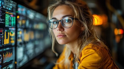 Woman programmer analyzing data at night