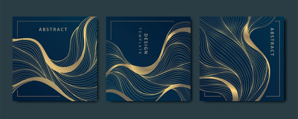 Aufkleber - Vector set of wave line luxury cards, abstract gold on blue art deco graphic. Square frames elegant brochures, labels, package