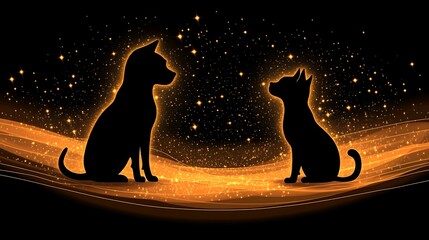 Wall Mural - Dreamy Abstract Design Featuring Silhouetted Dog and Cat Companions