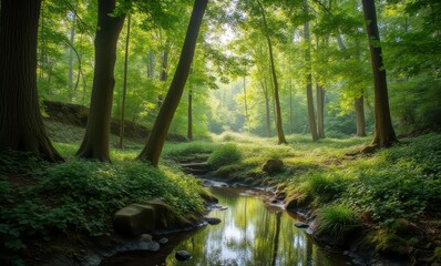 Canvas Print - Serene forest with reflective stream