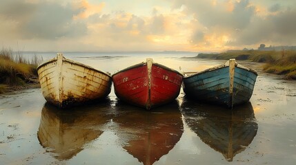 Three weathered boats in calm waters at sunset, reflecting colors against a serene backdrop