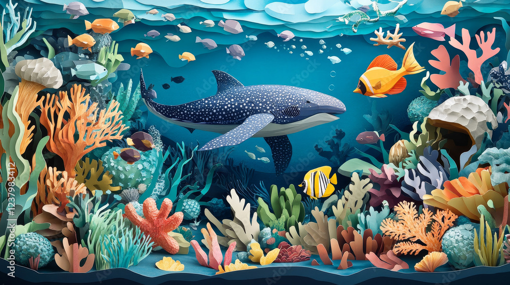 Underwater landing page with paper cut sea landscape, animals and ...