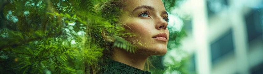Wall Mural - Renewable fashion, Young Woman Surrounded by Lush Greenery with a Serene Expression in Natural Environment