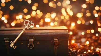 Vintage Key on Wooden Treasure Chest with Sparkling Background