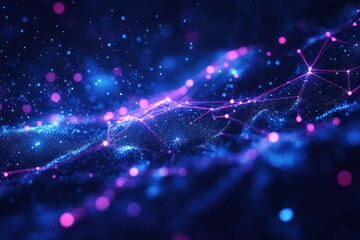 Wall Mural - abstract network of interconnected points and lines, with glowing particles in a dark background
