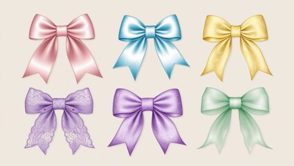 Wall Mural - Six Pastel Colored Ribbon Bows Elegant Gift Wrap Design Elements Illustration Set