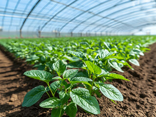 Wall Mural - Young potato plants in greenhouse